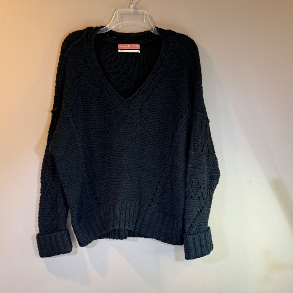 Anthropologie Pilcro Sweater Women XS Black V-Neck Chunky Knit Relaxed Edgy Boho